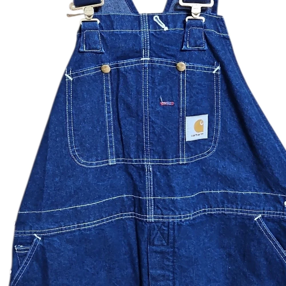Vintage Carhartt Cargo Bib Denim Jean Overalls R08 DNM USA Mens 44 x 30